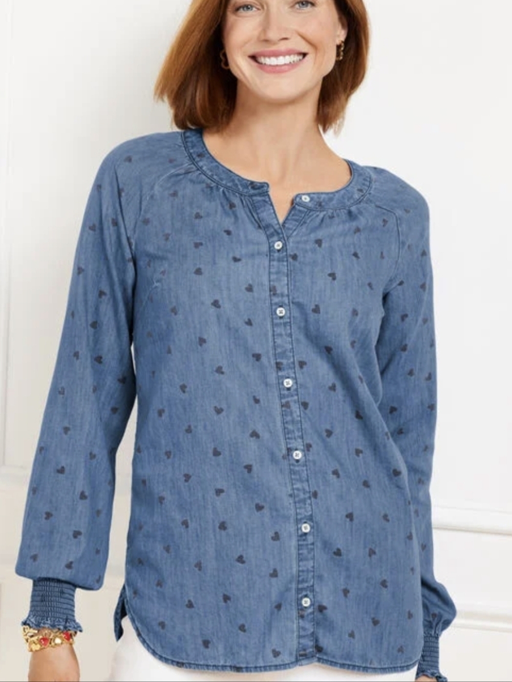 Talbots Petite XL Blue Chambray Heart Print Button Front Smocked Cuff Blouse